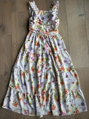 Rare Editions White Floral Tiered Sundress with Orange, Purple & Green Accents